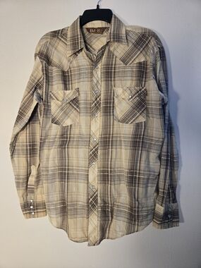 Men's Beige Plaid Western Rodeo Button-Down Shirt